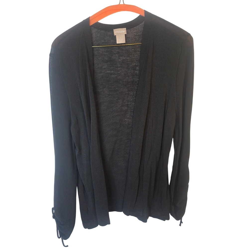 Chicos Black Open Front Cardigan Tie Cuff Long Sleeve Sheer Knit Sweater Size 1